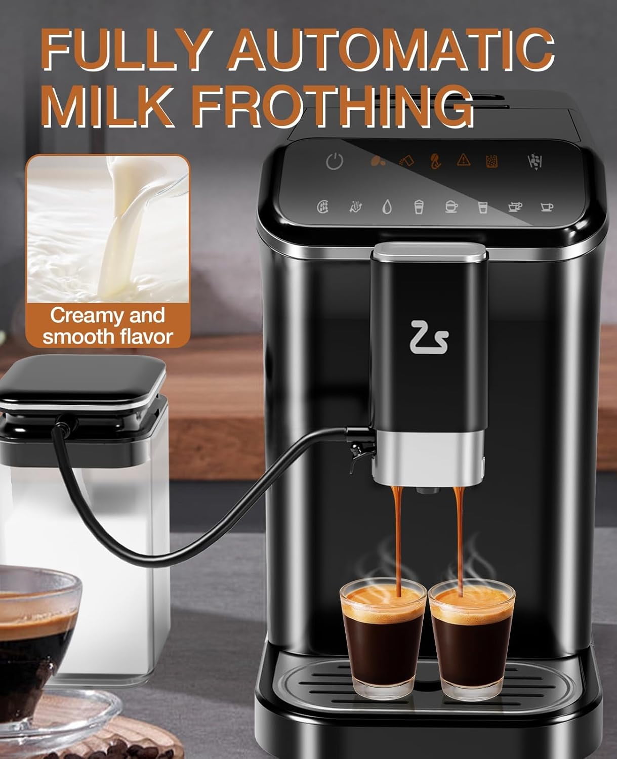 Acekid Automatic Espresso Machine with Milk Frother & Espresso Bean Grinder, 20 Bar Latte Machine, Touch Screen Coffee Machine, 1.5L Water Tank