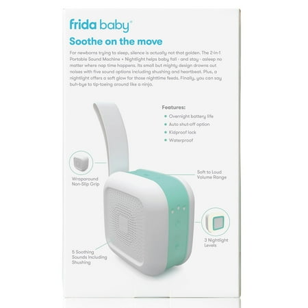 Frida Baby 2-in-1 Portable Sound Machine and Night Light with Strap for Infant, White noise Machine with Soothing Sounds for Stroller or Car Seat with Volume Control
