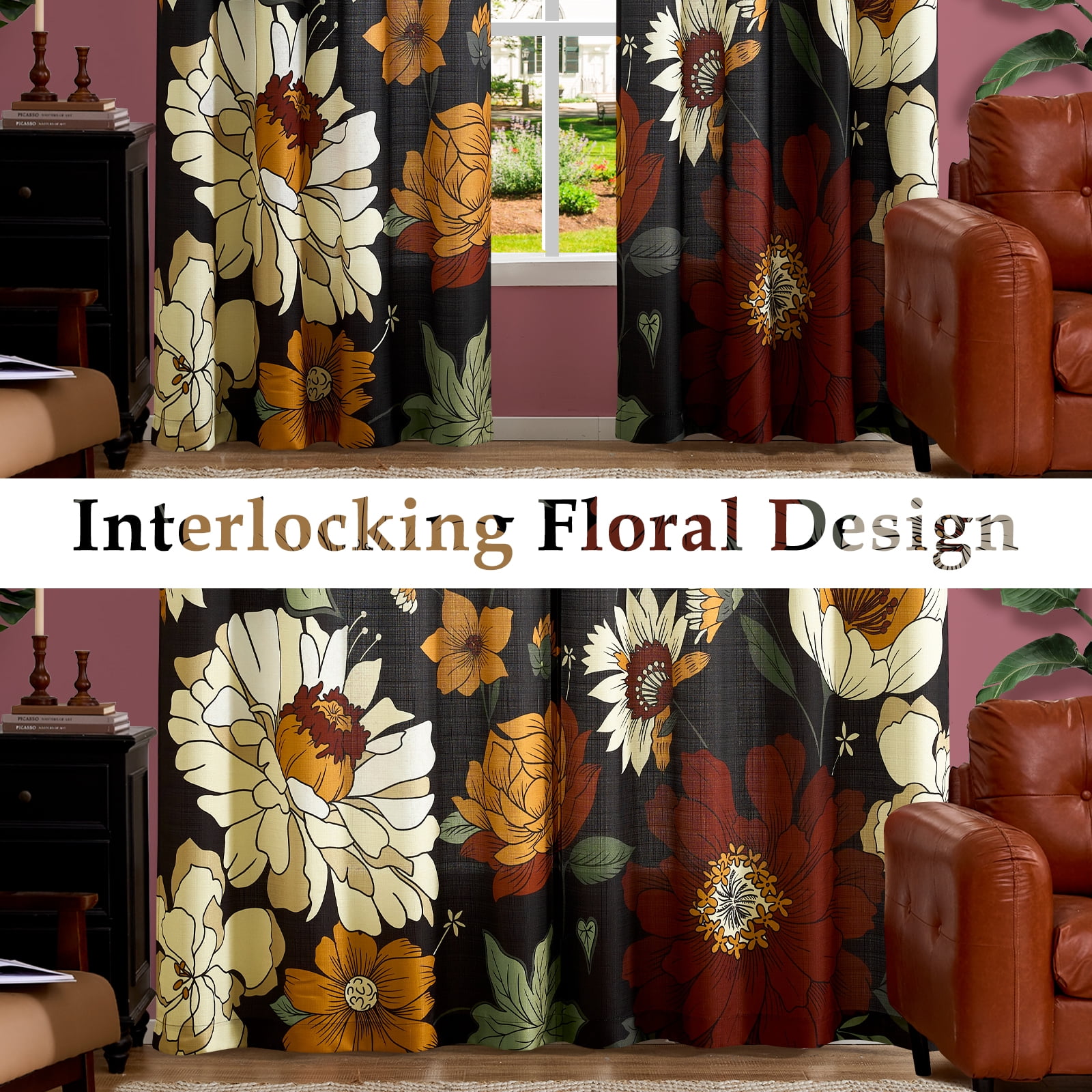 Curtainking Boho Floral Curtains for Bedroom Black Farmhouse Drapes for Living Room Vintage Flower Printed Curtains 2 Panel Set with Grommet Top 52 Inch Wide x 84 Inch Long