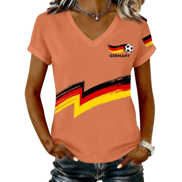 Women's Germany Football Graphic T-Shirt, V-Neck Casual Letter Print T-Shirt, Fashion Short Sleeve Graphic Tee, Summer Daily Lightweight Tops for Soccer Tournament 2026 Saffron Size: 2XL