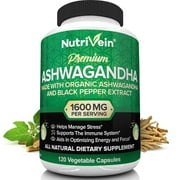 Nutrivein Organic Ashwagandha Capsules 1600mg - 120 Vegan Pills - for Stress and Anxiety Relief - Herbal Supplements