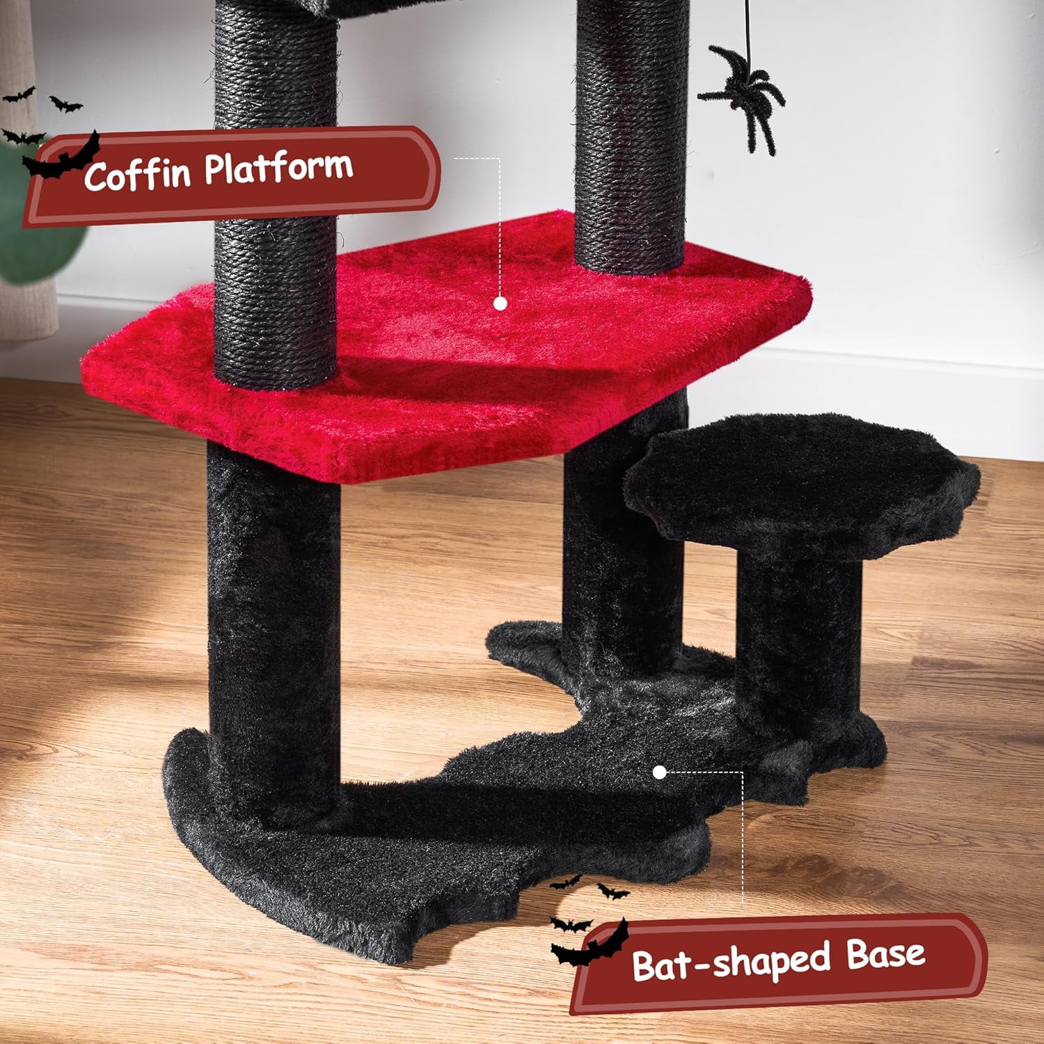 Gothic Cat Tree with Coffin Cat Bed Goth Cat Tower Coffin Cat Tree with Scratching Post, Spider Hanging Ball Halloween Black Red Pet Furniture MMJ94R
