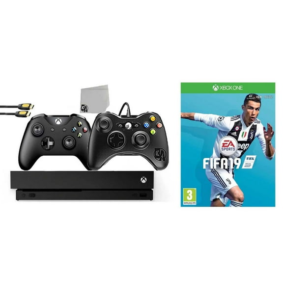 Pre-Owned Microsoft Xbox One X 1TB Gaming Console Black with 2 Controller Included with FIFA 19 BOLT AXTION Bundle