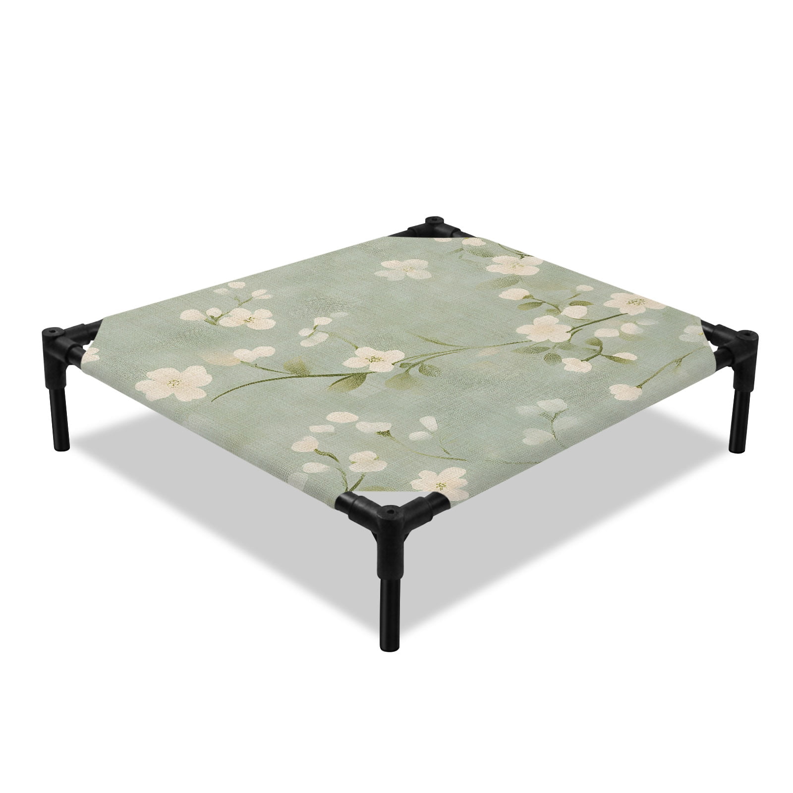 Spring Floral Elevated Dog Bed Vintage Watercolor Pink Floral Plant Leaf Green Linen Cooling Breathable Outdoor Raised Dog Cot Bed with Metal Frame Non-Slip Feet for Small Dog 20x20in