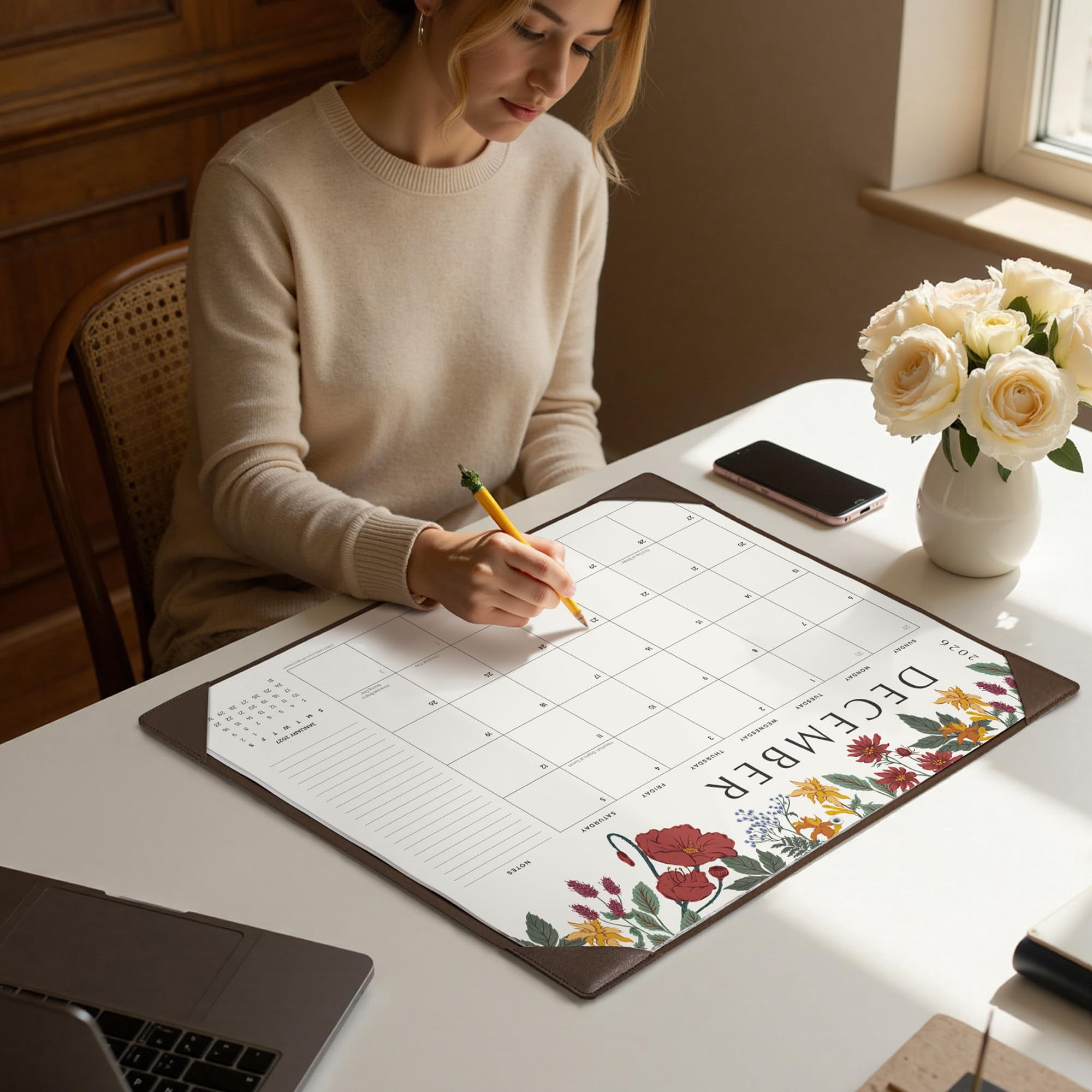 Desk Calendar 2026 With Desktop Mat  Large Pad 22 X 17 Inch Runs From July 2026 To December 2027 Classic Floral Design 2026 For Home School And Office (dark Coffee)