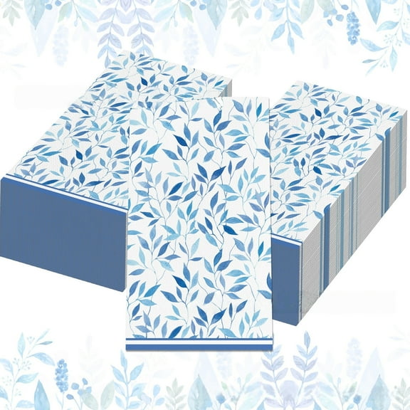 100 Pieces Guest Napkins Disposable Paper Towels Rectangular Dinner Hand Towels for Home Kitchen Bathroom and Other Holiday Table Decoration Party Supplies(Blue leaves)
