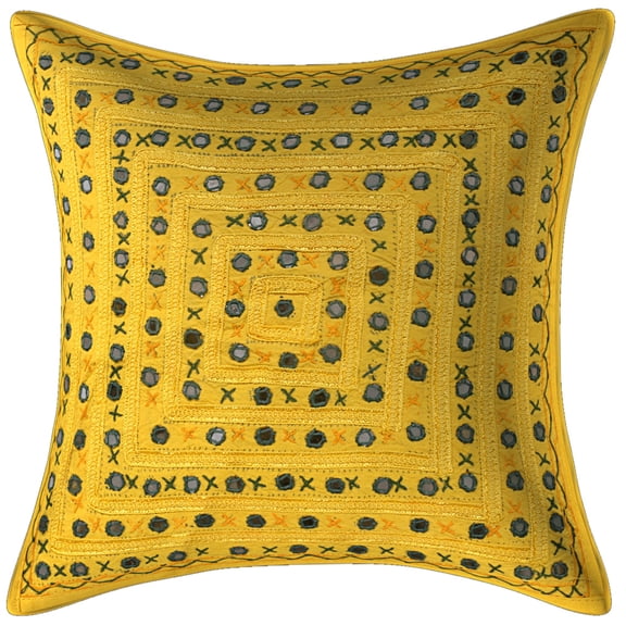 Stylo Culture Ethnic Settee Sofa Throw Pillow Cover 16 x 16 Embroidered Mirror Lace Yellow Bohemian 40 x 40 cm Bed Room Cotton Geometric Square Cushion Cover | 1 Pc