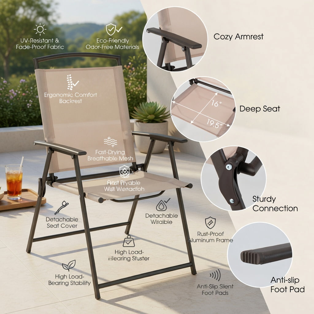 Hommoo 2-Pack Patio Dining Chairs with Armrests, Rust-Resistant Steel Frame, Foldable & Lightweight Outdoor Seating for Deck, Porch, Garden, Beige