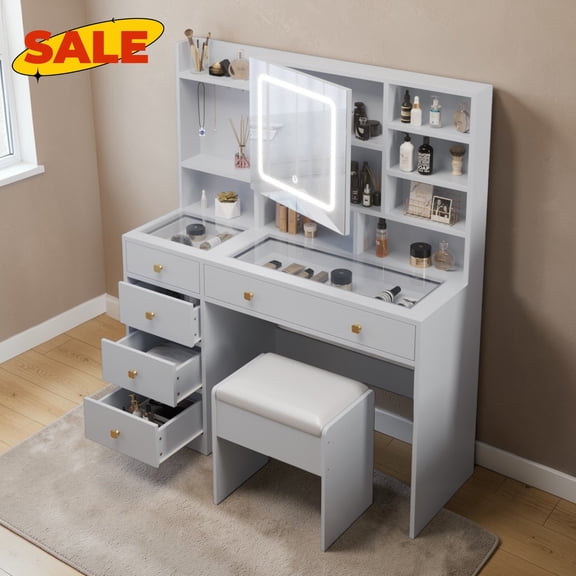Hassch Vanity Desk with Lighted Mirror Cabinet and Charging Station, 47.2" Makeup Table with Hooks, Glass Top and Cushioned Stool, Dressing Table with Open Shelves and 5 Storage Drawers, White