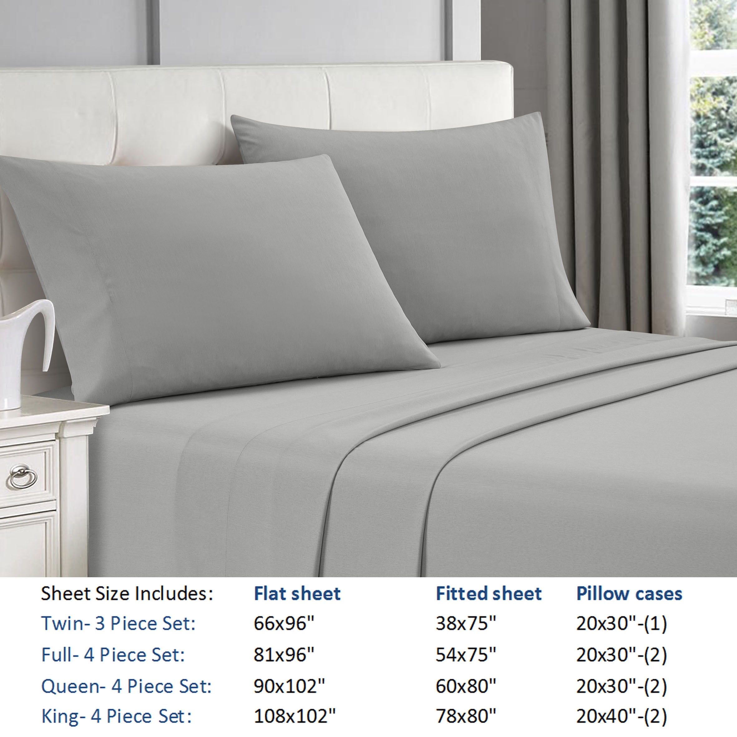 Lanco Premium 4 Piece Sheet Set, Bed Size: Queen, Bamboo Cooling, Solid Color, Light Grey
