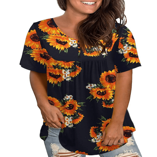 CHUANK Womens Summer Plus Size Tops V Neck Buttons Pleated Flared Blouses m-4xl
