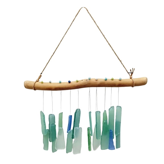 Mozhitti Natural Sea Glass & Driftwood Wind Chime Coastal Hanging Decor For Home Balcony & Garden