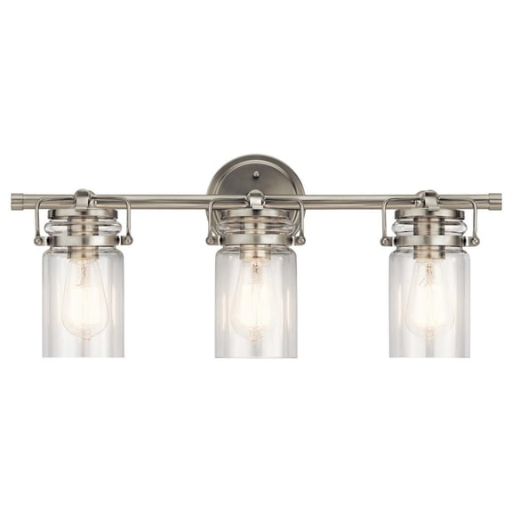 3 Light Vanity Light Approved for Damp Locations with Vintage Industrial Inspirations 10 inches Tall By 24 inches Wide-Brushed Nickel Finish Bailey