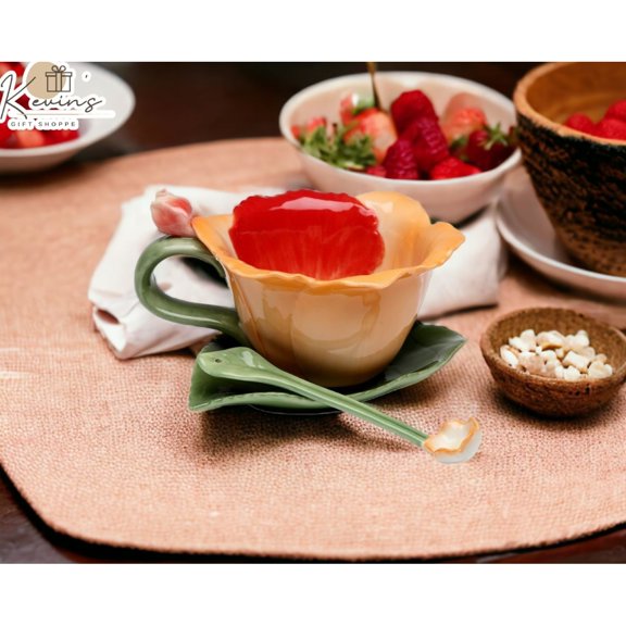 Kevins Gift Shoppe Ceramic Orchid Flower Cup and Saucer and Spoon 2 Sets