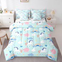 Castle Fairy Cartoon Unicorn Twin Bedding Sets,Cute Floral Rainbow Bedding Comforter Set