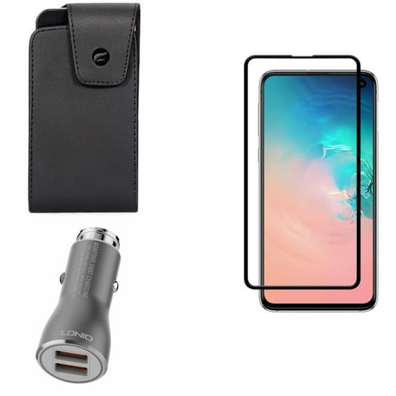 Galaxy S10e Screen Protector w Car Charger w Case Belt Clip - Tempered Glass 5D Curved Edge, 36W Fast 2-Port USB Type-C Cable, Leather Swivel Holster for Samsung Galaxy S10e Phone