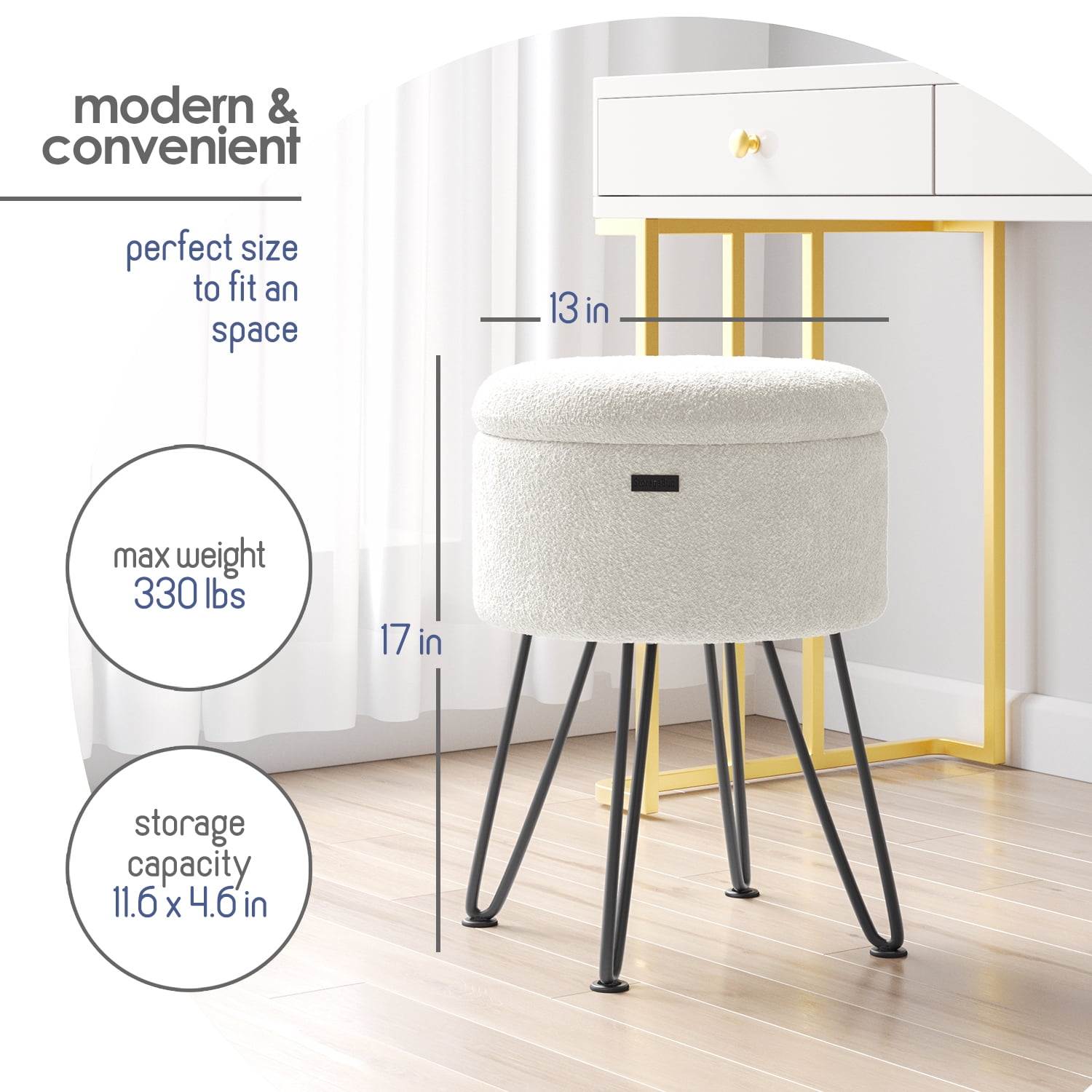 LammaLoe Small Round Ottoman with Storage, Boucle Ottoman Foot Stool with Lid, Upholstered Vanity Stool for Living Room & Bedroom, White
