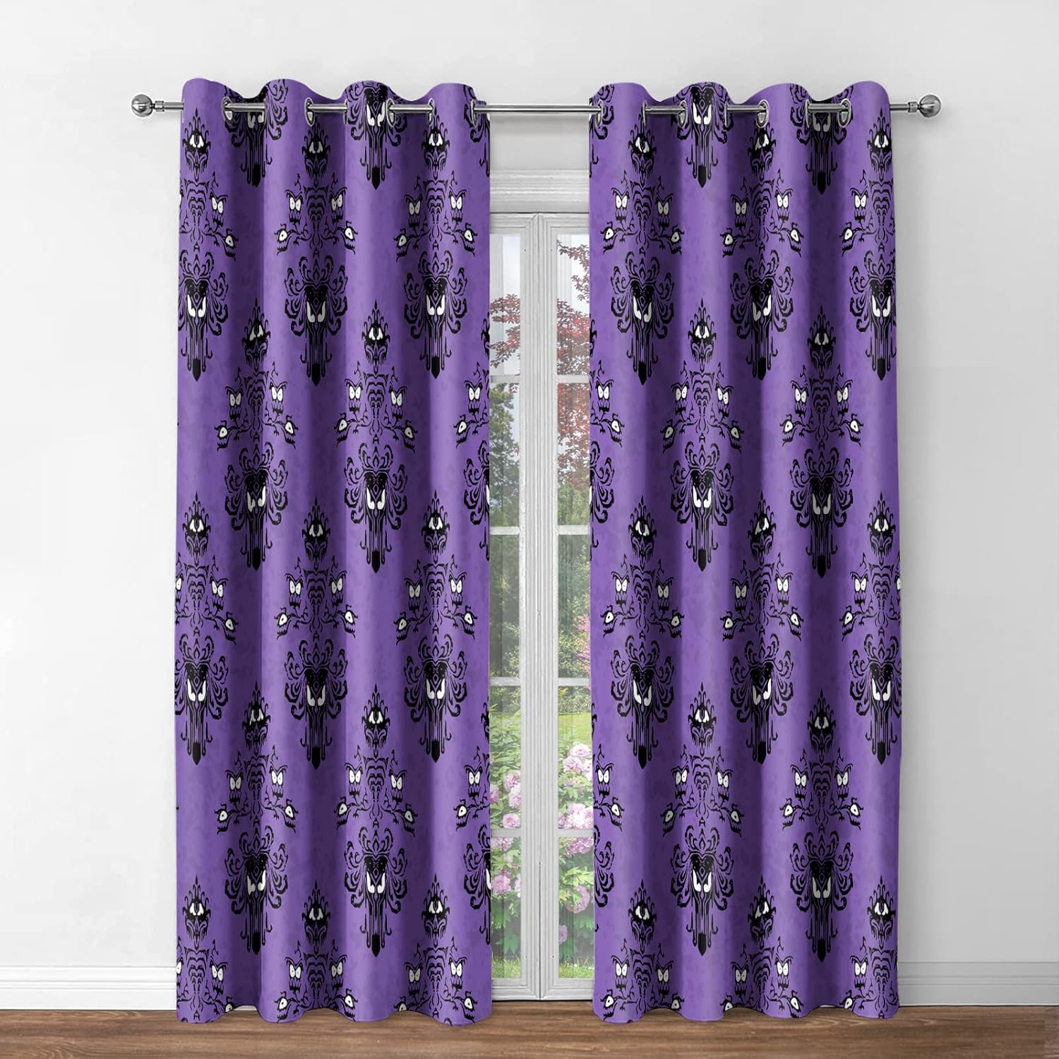 Halloween Blackout Curtains Horror Spooky Drapes Haunted House Mansion Decor Home Bedroom Living Room Darkening Purple Grommet Window Drapes 2 Panel Set, 52"x84"