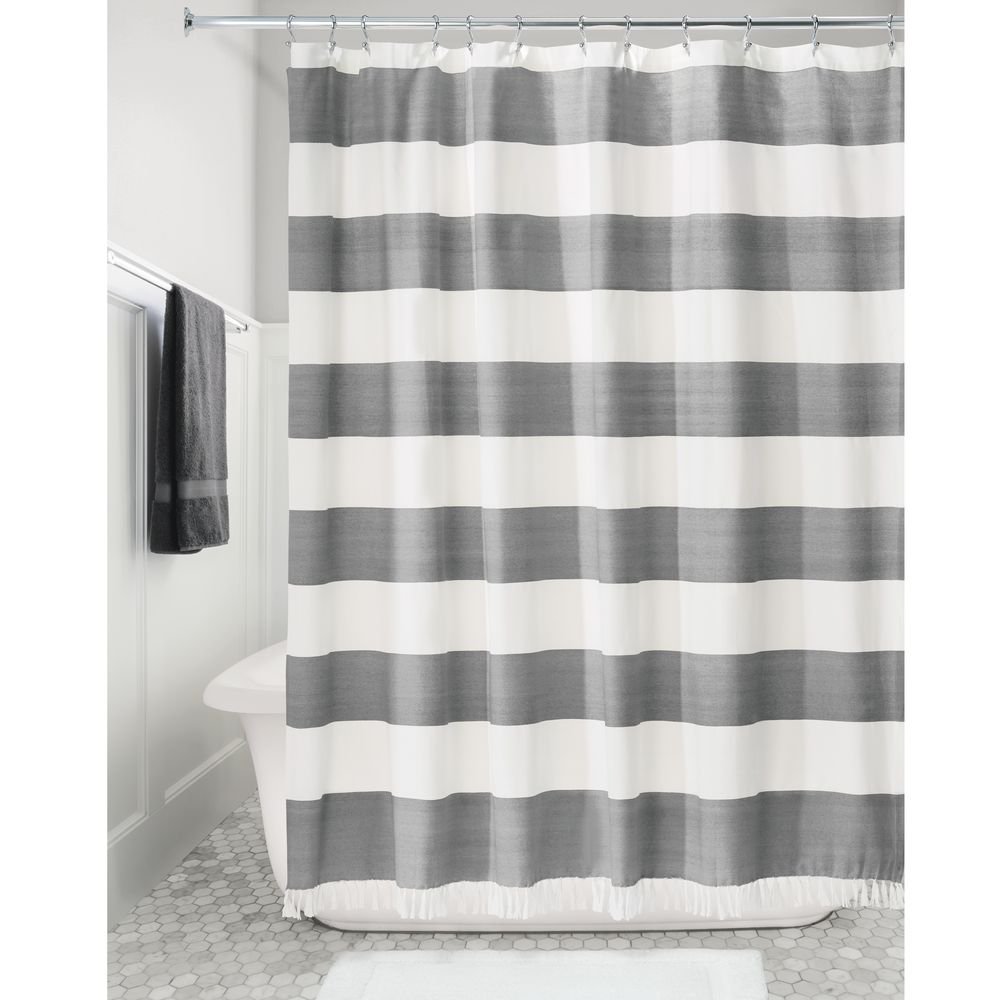 iDesign Wide Stripe Fabric Shower Curtain, Charcoal