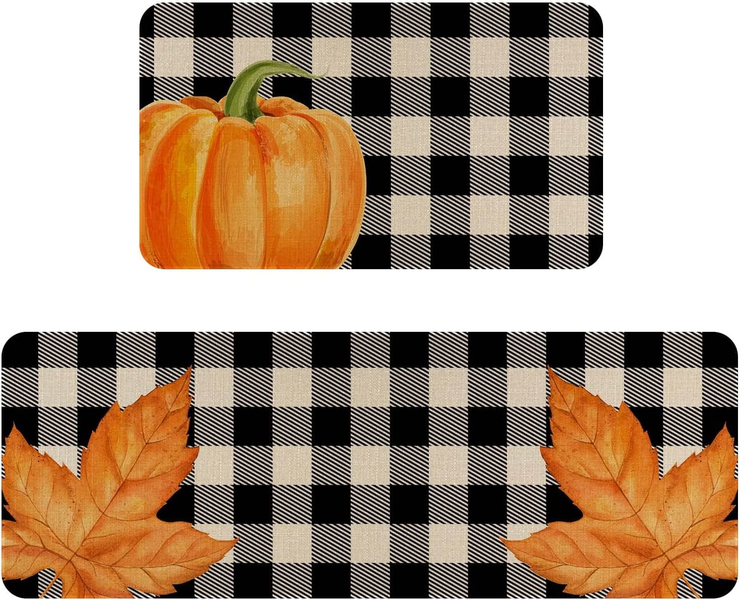 Fall Kitchen Rugs and Mats Set of 2，Farmhouse Style Buffalo Plaid