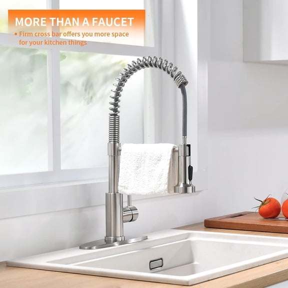 Kitchen Faucet Low Lead Commercial Solid Brass Single Handle Single Lever Pull Out Pull Down Sprayer Spring Kitchen Sink Faucet, Brushed Nickel Kitchen Faucets 866053SN