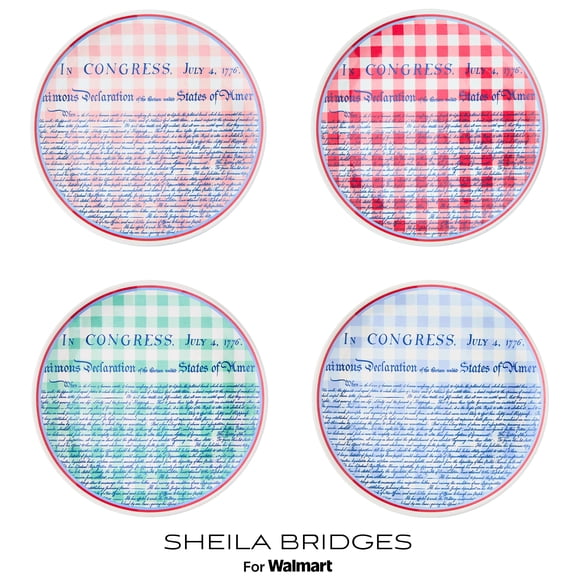 Sheila Bridges Philadelphia Collection Multicolor Gingham Declaration of Independence 9" Melamine Salad Plates, 4 Count