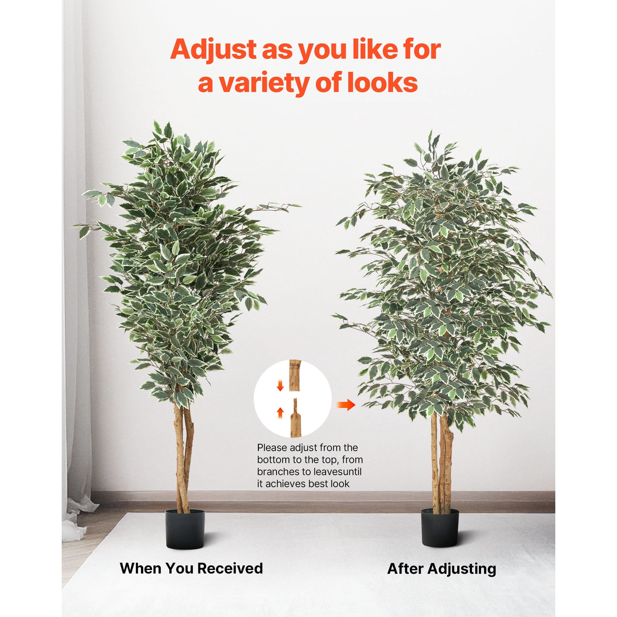 KFFKFF 6FT Artificial Ficus Tree with Black Pot, Tall Faux Plant Featuring Natural Wood Trunk and Lifelike Green Leaves, Ideal for Indoor Home, Office, Living Room, or Corner Decoration