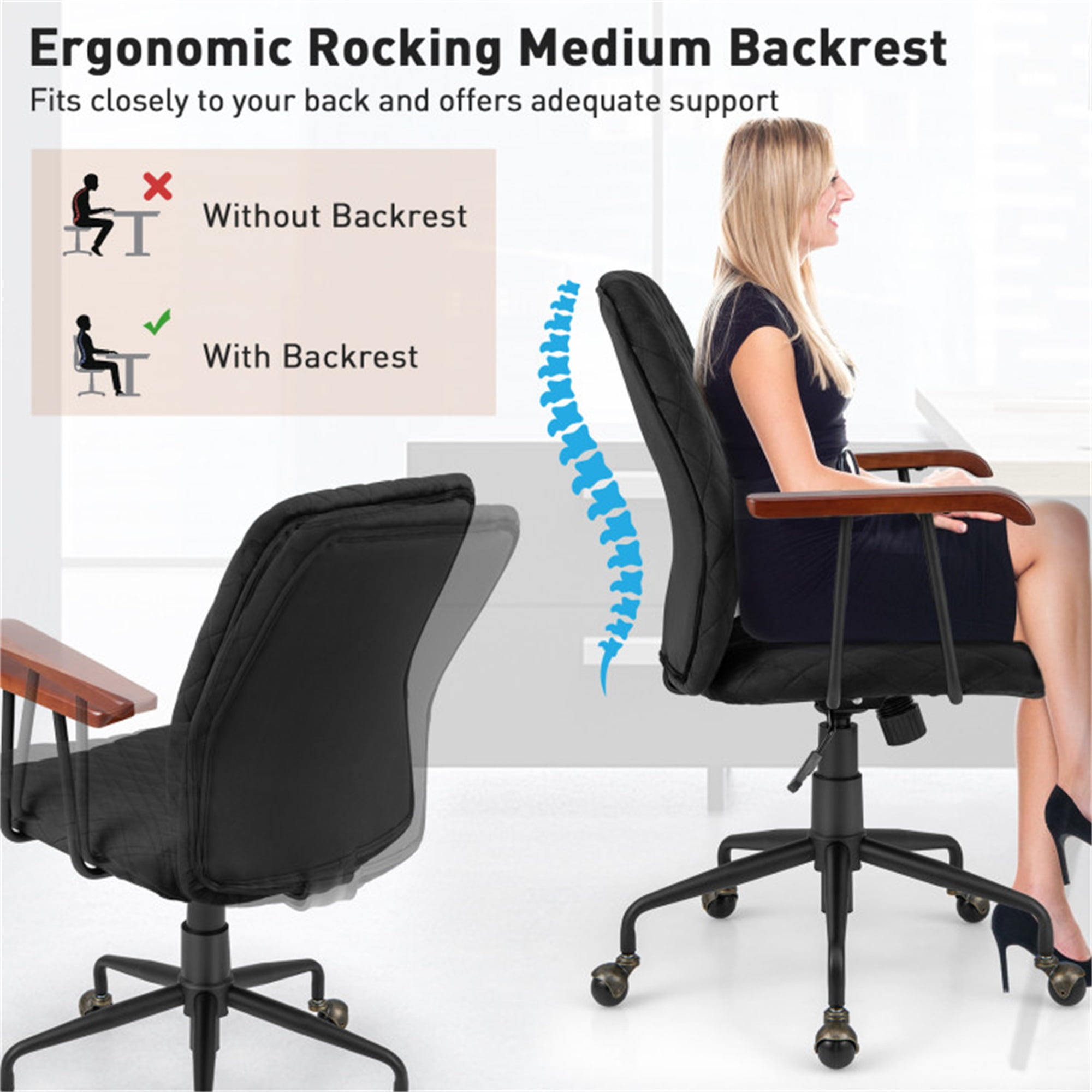 Demi Bonn Velvet Home Office Chair with Wooden Armrest, Rolling Work Computer Desk Chair for Home, Bedroom, Study, Black