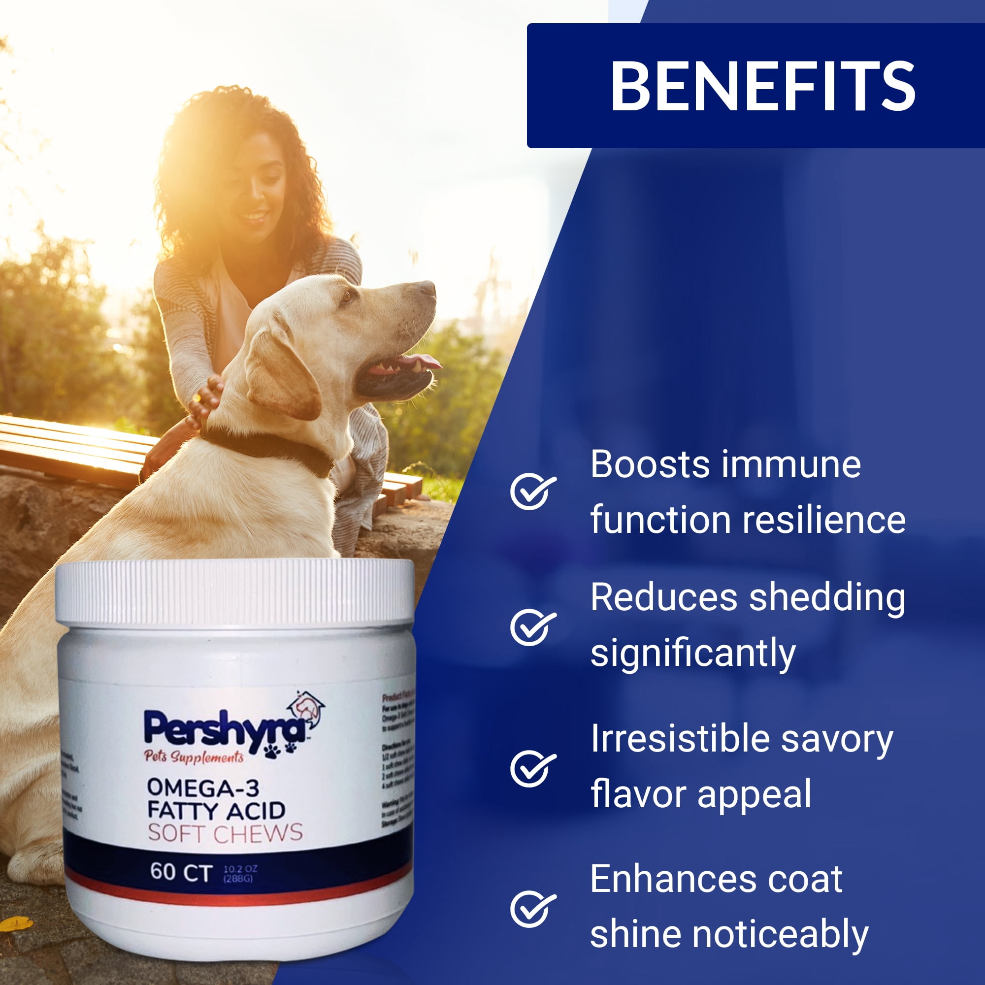 Pershyra Omega 3 Chews for Dogs & Cats - Pet Treats for Skin & Hair - 60 Count