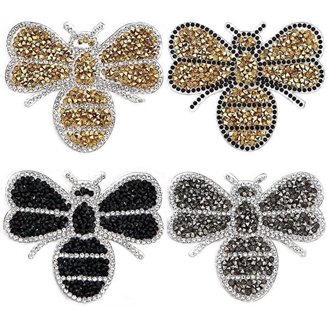 4 piezas de insignias de parche de abeja de cristal con bolsas de hierro cosidas, parches de tela, pegatinas, parches cosidos de abeja, ropa, jeans, manualidades de bricolaje