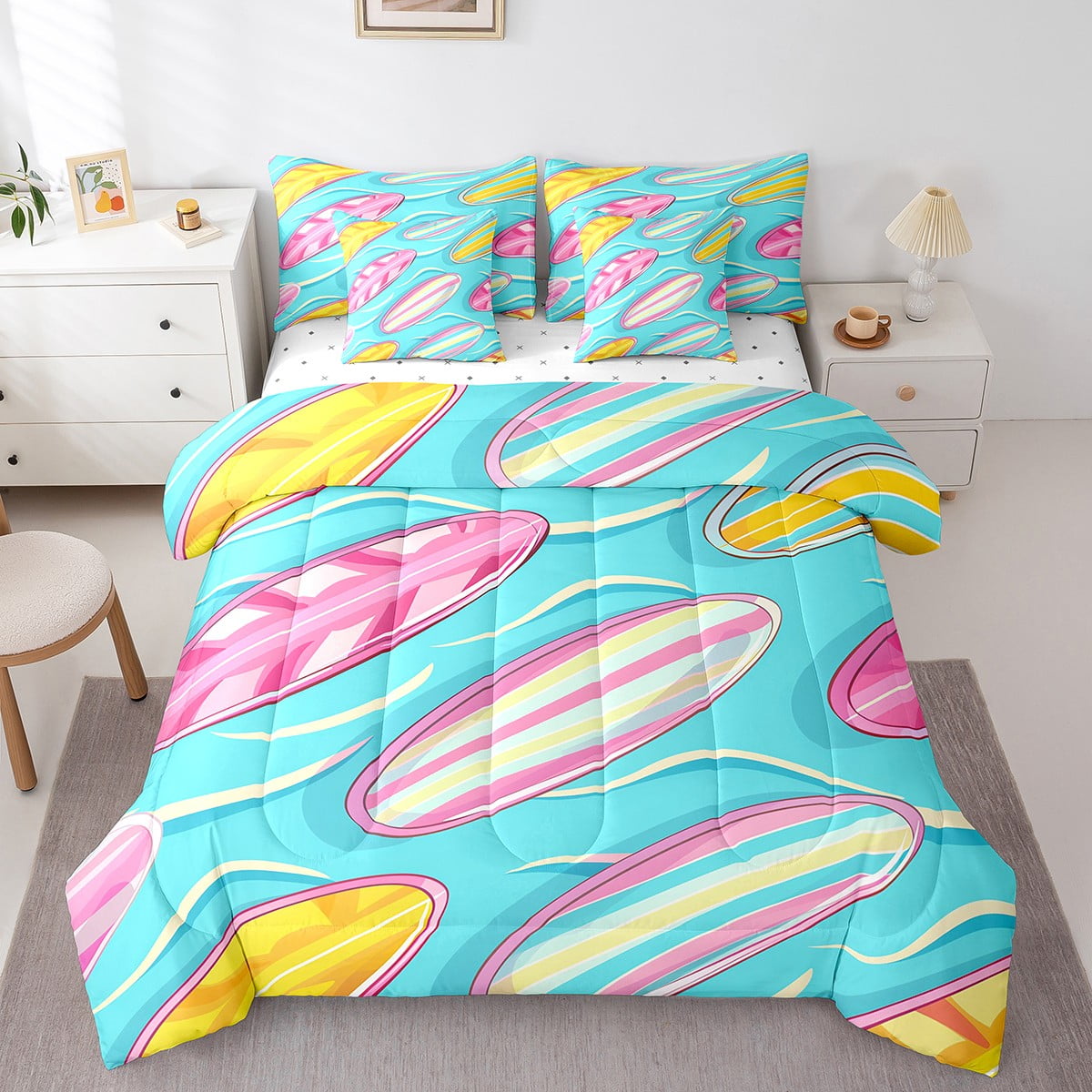 YST Girls Pink Blue Surfboard Comforter Set 7-Piece, Ocean Theme, Queen