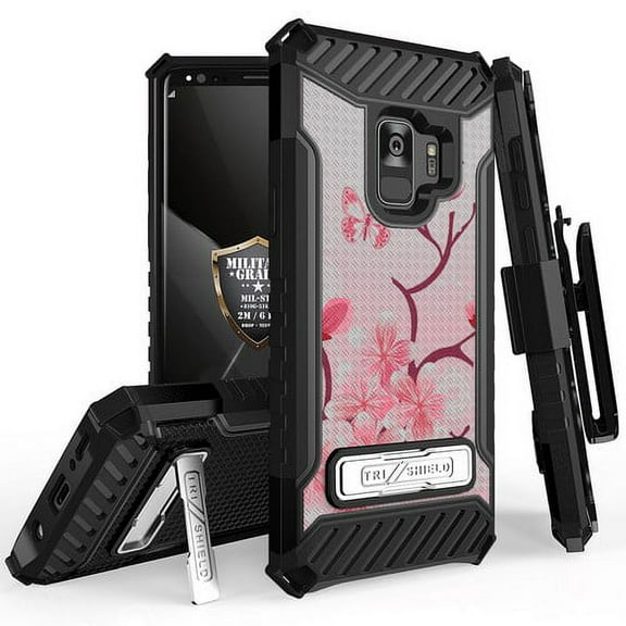 Galaxy S9 Case, Trishield Durable Rugged Heavy Duty Phone Cover With Detachable Lanyard Loop Belt Clip Holster And Built in kickstand For Samsung Galaxy S9 - Printed Cherry Blossom