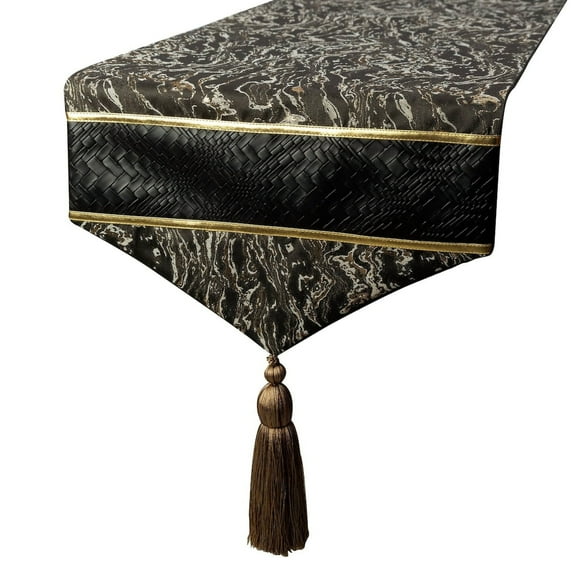 Decorative Black Table Runner 8 Seater Table Runner (14 x 108 inch), Tassles & Marble pattern Table Runner, Leather fabric Table Linen Halloween Decorations - Leather Runway