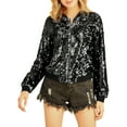 thumbnail image 3 of MODA NOVA Juniors Halloween Costume Christmas Glitter Cropped Long Sleeve Zipper Bomber Jacket Black M, 3 of 7