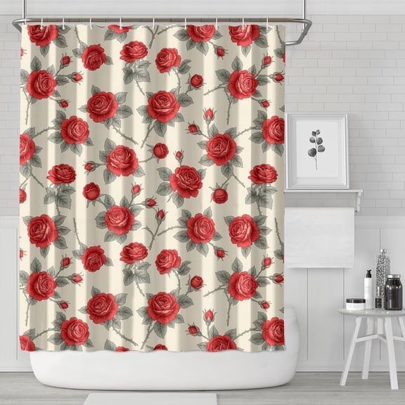 Strawberry and Dot Pink Pattern Modern Waterproof Shower Curtain Set with 12 Hooks, Washable Decorative Bathroom Shower Curtain