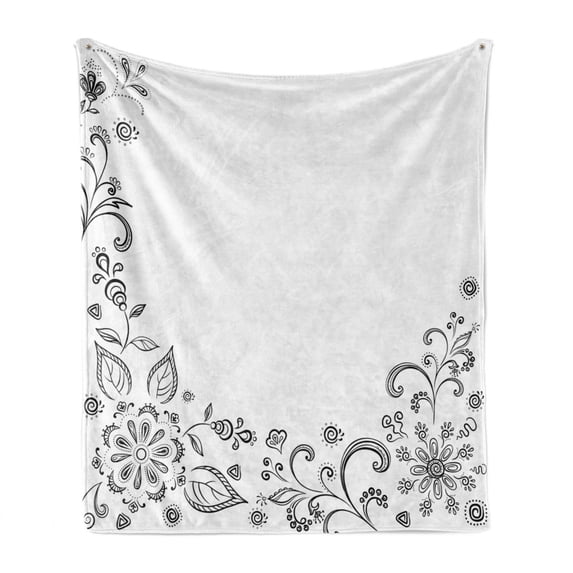 Black and White Soft Flannel Fleece Blanket, Monochrome Floral Framework Herbs Swirled Leaves Botanical Sketchy Bouquet, Cozy Plush for Indoor and Outdoor Use, 60" x 80", Black White, by Ambesonne