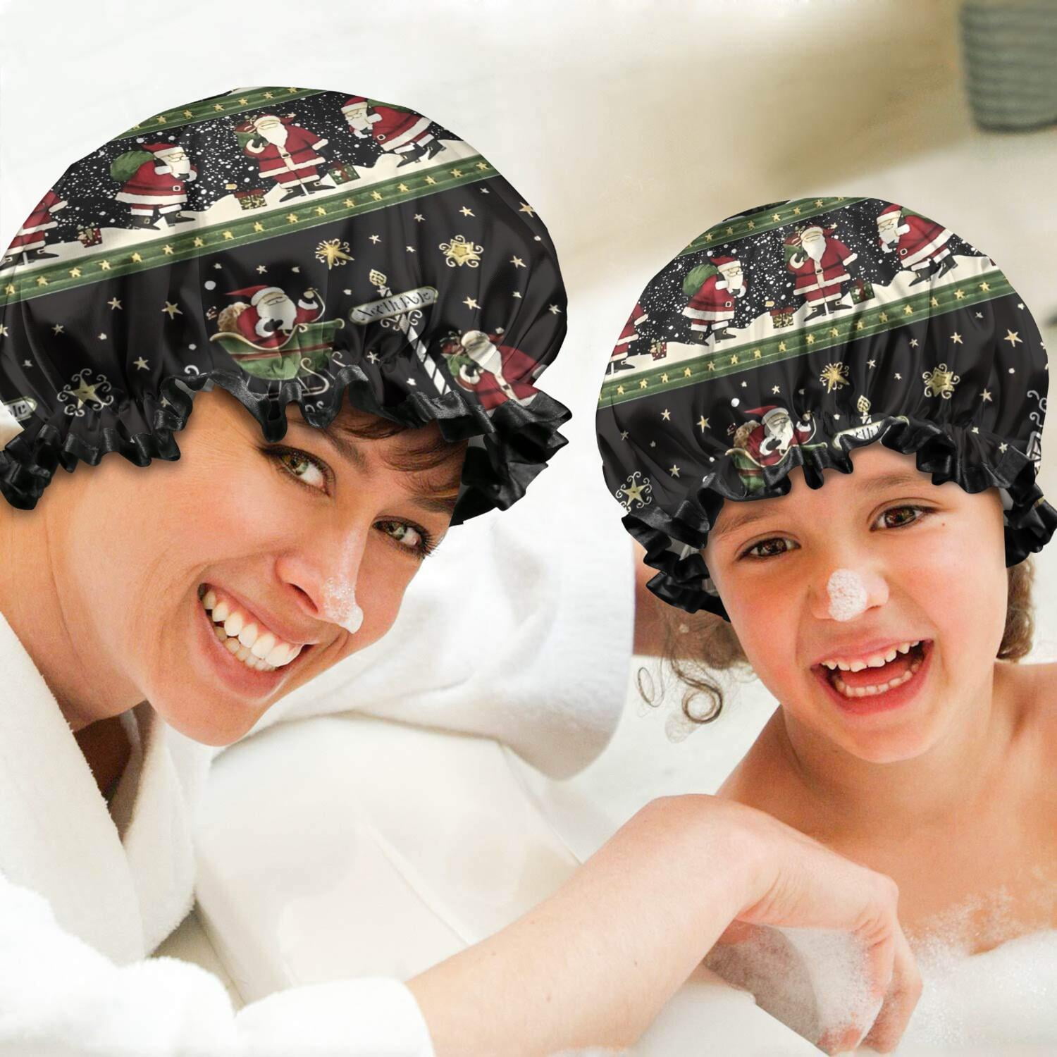 Shower Caps,Black Christmas Santa Pattern Waterproof Shower Cap for Women 4 Pieces,Double Reusable Hair Cover for Shower PEVA Elastic Stretch Hem