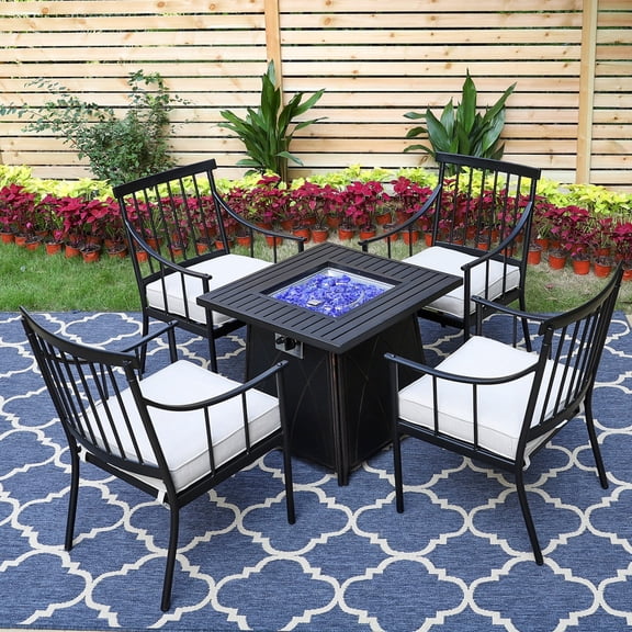 SUMMIT LIVING 5-Piece Outdoor Fire Pit Conversation Set with 50,000 BTU Fire Pit Table & Cushioned Chairs for 4-Person, Black & Beige