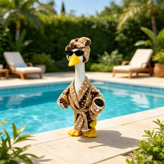 Porch Goose Statue Bathrobe Set, 21.63in Coffee Spotted Plush Outfit for Outdoor Garden and Home Decor