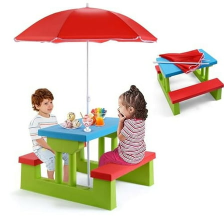 Kids Picnic Table, Toddler Picnic Table with Removable & Foldable Umbrella, Plastic Children Patio Furniture for Garden Backyard, Kids Outdoor Table, Red, Blue & Green