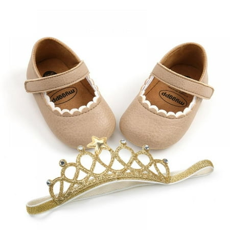 

Baby Girls Mary Jane Flats with Bowknot Non-Slip Toddler First Walkers Princess Dress Shoes + Princess Hair Band 0-18Months