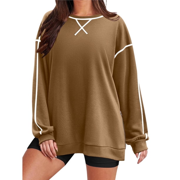 Sudaderas de Mujer de Larga, Cuello Redondo, Estilo Pullover, Ideales para Otoño e Invierno. con Cremallera Lateral, Perfectas para Salir. Marrón L