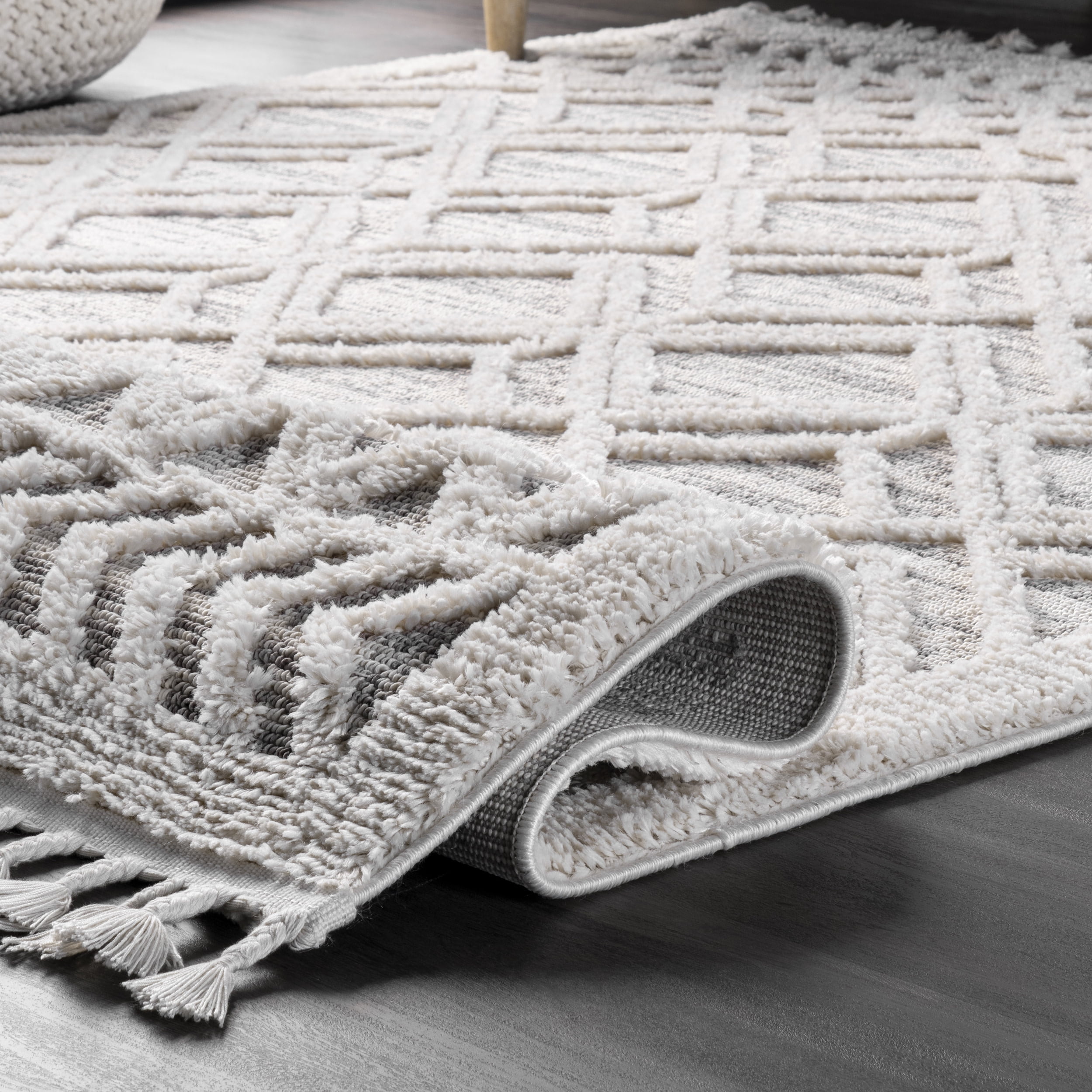 nuLOOM Ansley Moroccan Lattice Tassel Area Rug, 8', Light Grey