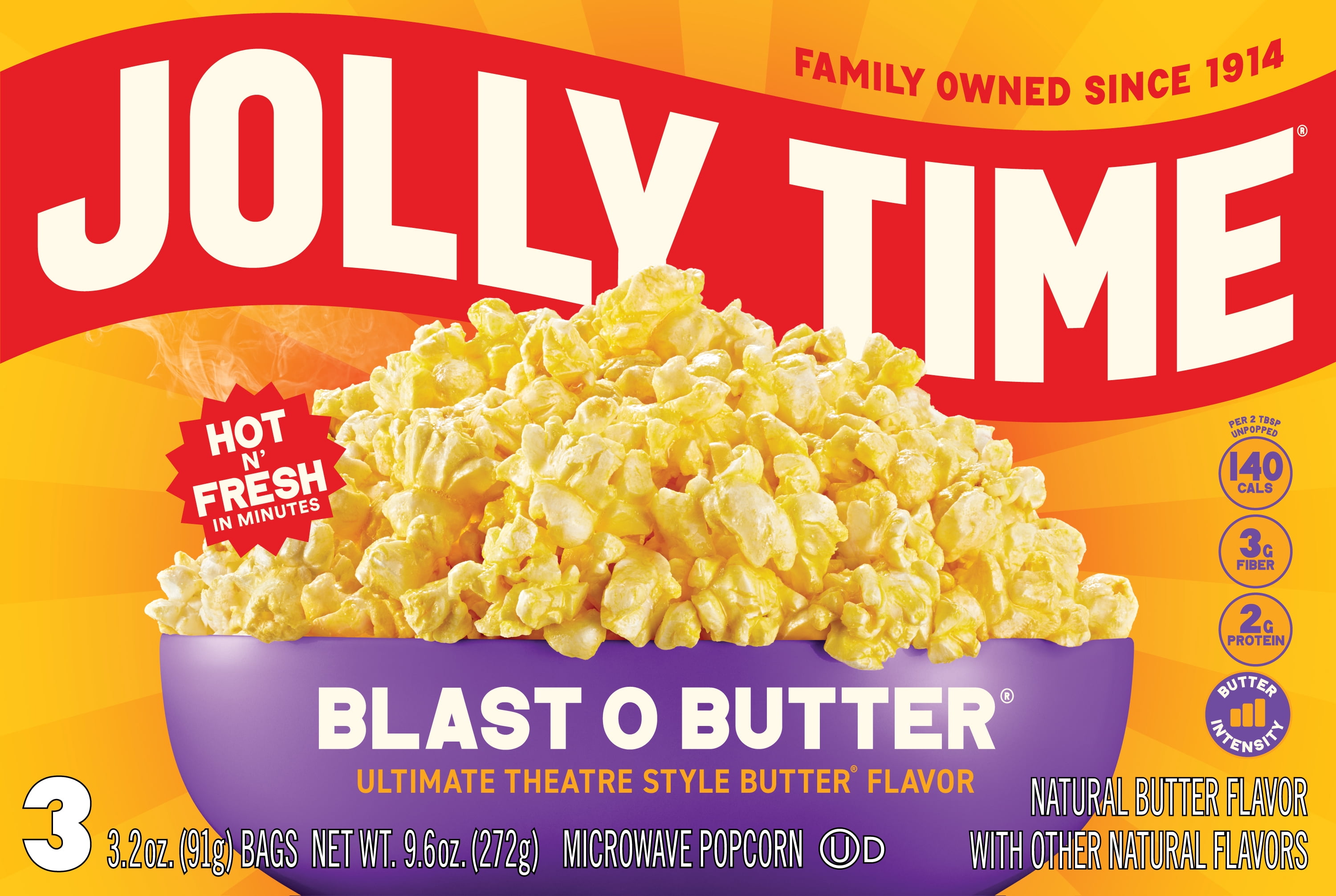 Jolly Time Blast O Butter Ultimate Theatre Style Butter Microwave Popcorn 9.6 oz, 3 Ct.  Gluten-Free