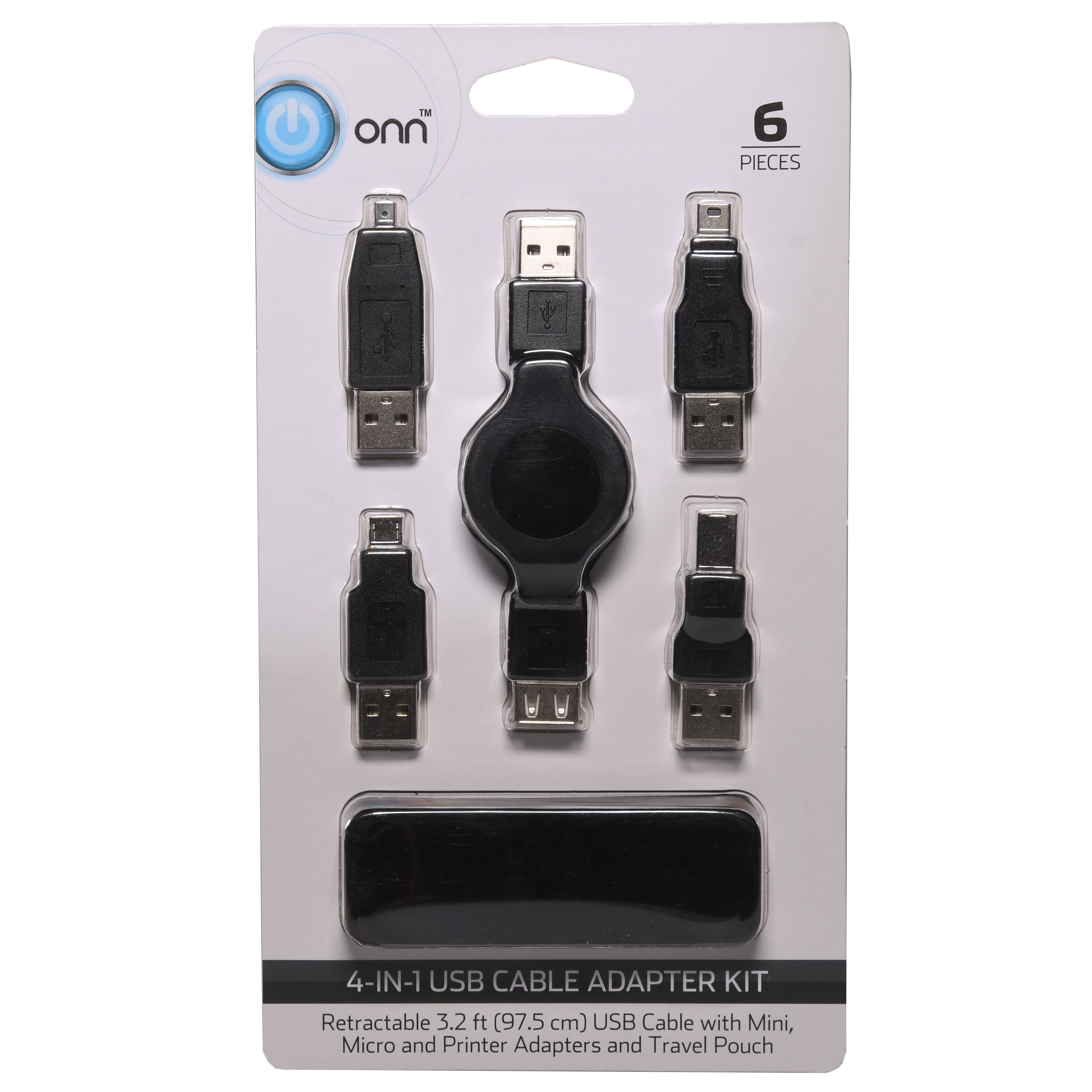 ONN Convenient 4in1 USB Cable Adapter Kit with Travel Pouch, Black