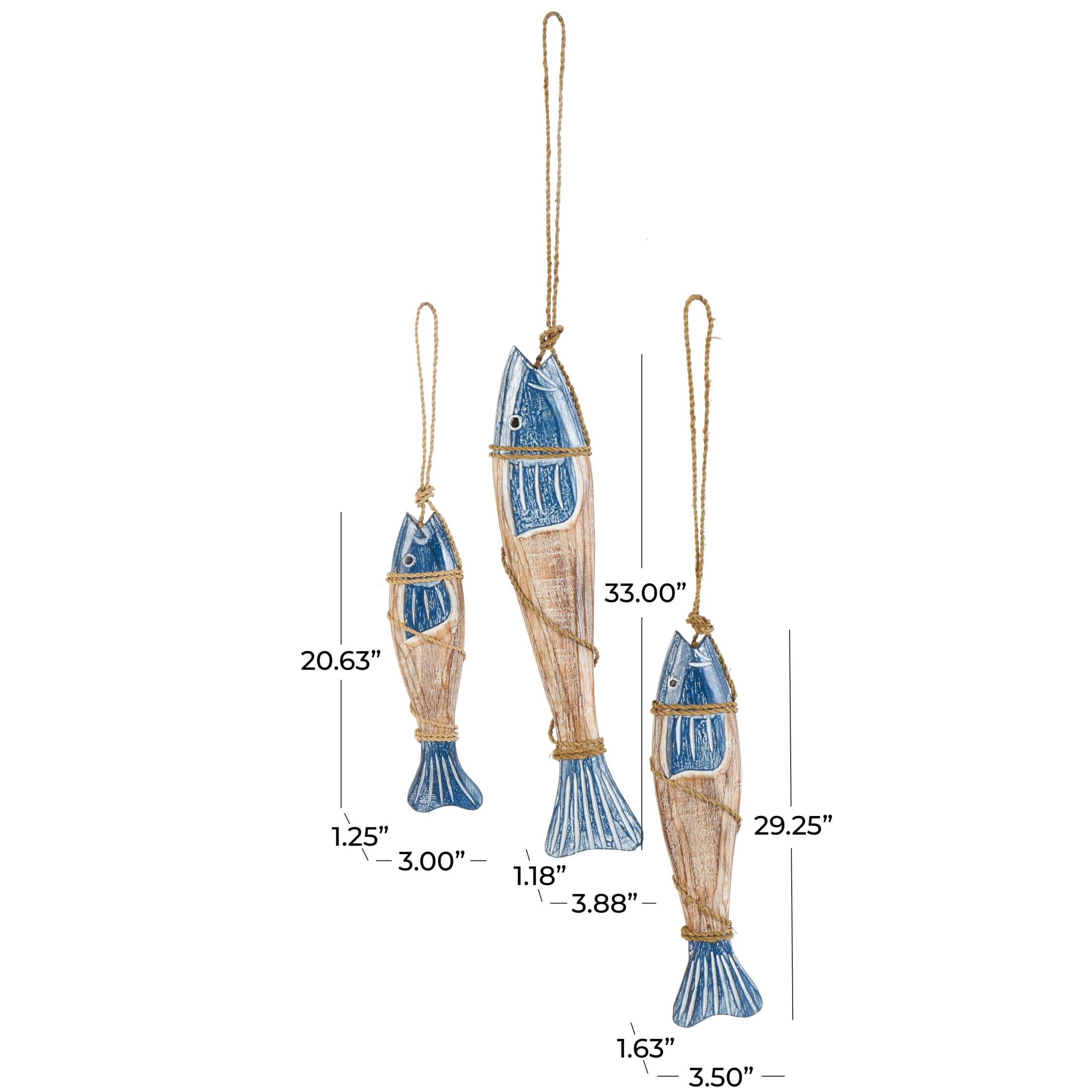 DecMode Blue Wood Handmade Fish Wall Decor with Wrapped Jute Hanging Rope (3 Count)