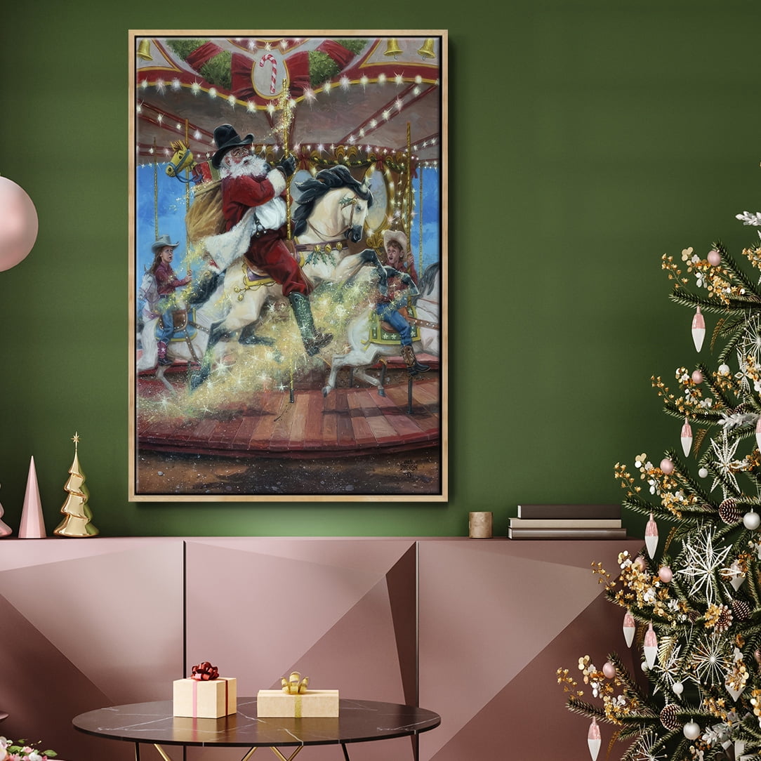Merry Go Round - Framed Gallery Wrapped Holiday Canvas - 27 x 41 - Natural Wood Frame