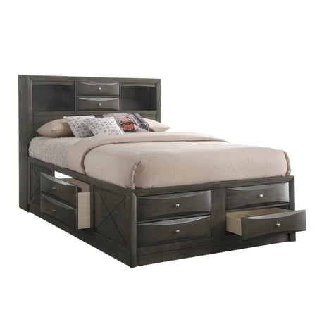 Queen Storage Bed Frame with Bookcase Headboard 9-Drawer Platform Bed Gray Wood Captain s Bed for Bedroom