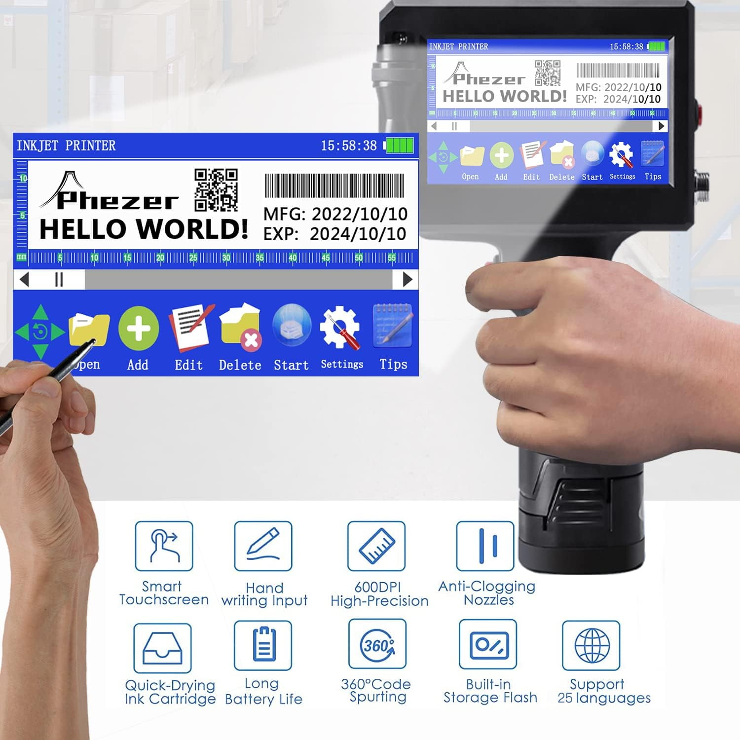 Phezer Handheld Inkjet Printer for Any Surface, 1inch/25.4mm P15-1 Model for QRCode Barcode Production Date Time Logo Batch Number Print On Glass Bag Carton Box Wood Cloth Plastic Cable