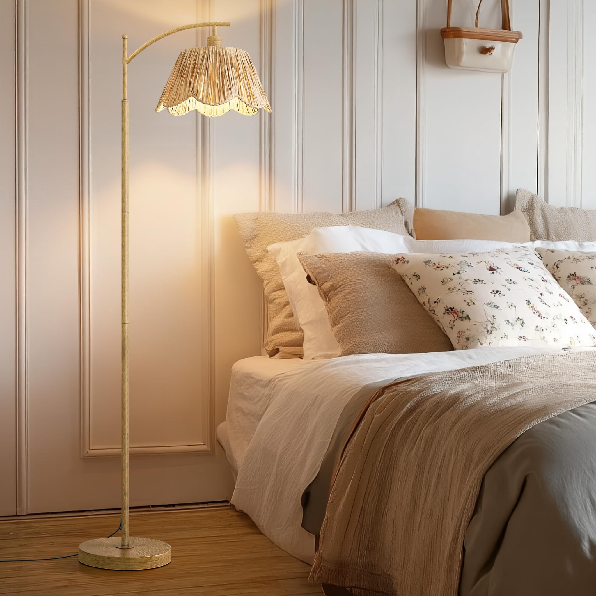 Arc Floor Lamp For Living Room With 3 Color Temperatures  Rattan Boho Remote & Dimmable Bulb Farmhouse Lamps Suitable Bedroom Study(light Woodgrain)
